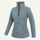 Light blue women’s textured fleece quarter-zip top shown at a three-quarter angle, with high neck and front pocket.