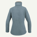 Rear view of women’s light blue fleece pullover with high collar, long sleeves and curved hem.