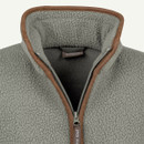 Close-up of sage green fleece high collar and quarter-zip fastening with contrasting brown trim.