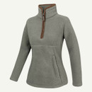 Sage green women’s textured fleece quarter-zip top shown at a three-quarter angle, with high neck and front pocket.