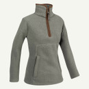 Women’s sage green fleece pullover shown at an alternate three-quarter angle, featuring a quarter zip and fitted silhouette.