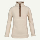 Cream women’s quarter-zip fleece pullover with high collar, long sleeves and front hand-warmer pockets.