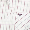 White short-sleeve shirt with pink and grey check pattern and a small embroidered logo on the chest pocket.