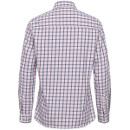 A long-sleeved, patterned shirt with a check design in navy, pink, and white, displayed from the back.