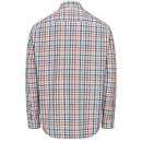 Back view of a checked long-sleeve shirt in navy, red, and cream colours, made of twill fabric.