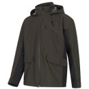 Men’s dark olive green waterproof jacket with adjustable hood, full-length zip and large front pockets.