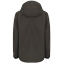 Rear view of a dark olive green hooded waterproof jacket with adjustable cuffs and a longer curved hem.