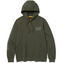 CAT men's forest green pullover hoodie with adjustable drawcord hood, kangaroo pocket, chest logo and Caterpillar sleeve branding.