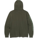 Back view of the CAT men's forest green hoodie with Caterpillar branding printed down the sleeve.