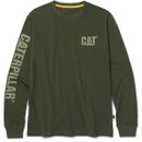 Long-sleeve dark green t-shirt with a rounded neckline and printed brand name down the left sleeve.