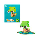 A small, green turtle made of interlocking plastic pieces, with big eyes, sitting on a wavy blue and green base.