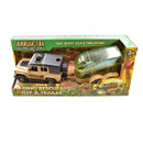 A tan plastic jeep with a black roof and a green trailer, both designed for a dinosaur rescue theme, in a box.