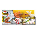 A toy racing playset featuring two cars, dinosaur-themed track elements, and various terrain pieces in bright colours.