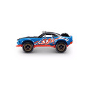 A blue and red toy car with black wheels and a sporty design, shown from the side on a white background.