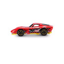 A red toy sports car with black and yellow detailing, featuring a sleek, aerodynamic shape, set against a plain white background.