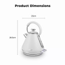 A white, cone-shaped kettle with a silver spout and handle, resting on a white base, with a clear water level indicator.