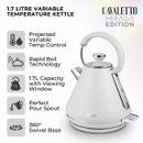 Tower Cavaletto Mirage white 1.7 litre variable temperature kettle highlighting projected temperature control, rapid boil technology, viewing window, pour spout and 360° swivel base.