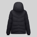 A black puffer jacket with a hood, featuring a chevron quilted pattern, displayed from the back.