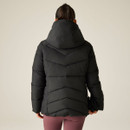 Rear view of black padded jacket showing the large hood and chevron quilted design.