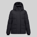 Front product view of black padded hooded jacket with quilted panels and zip fastening.