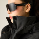 Close-up of black padded jacket showing the high protective collar and hood detail.