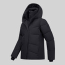 Angled product view of black padded hooded jacket with zip front and extended cuffs.