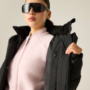 Woman holding open a black padded jacket to show the soft inner lining and zipped pocket.