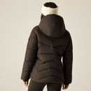 Rear view of dark brown padded jacket showing the large hood and chevron quilted panels.
