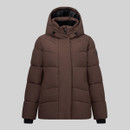 Brown puffer jacket with a hood, featuring a zip front and quilted design, displayed against a grey background.