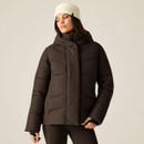 Woman modelling a dark brown padded hooded jacket with a high collar and concealed front fastening.