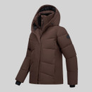 Angled product view of dark brown padded hooded jacket with zip front and extended cuffs.