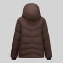 Rear product view of dark brown padded hooded jacket showing chevron quilting and extended cuffs.