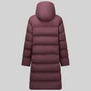 Rear product view of long dark purple padded hooded coat showing horizontal quilted panels.