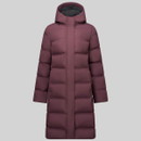 Front product view of long dark purple padded hooded coat with horizontal quilted panels.