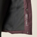 Close-up of dark purple padded coat showing the inner lining, press-stud fastening and printed feature icons.