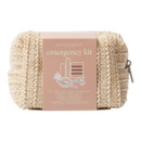 A small, cream-coloured woven cosmetic bag arranged at an angle, featuring a zip closure and textured surface.
