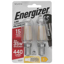 Two LED filament bulbs in a clear glass casing with silver bases, arranged in a rectangular packaging.