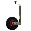 Heavy-duty jockey wheel with pneumatic tyre, metal support shaft and winding handle for trailers and caravans.