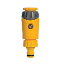 Hozelock non-return valve hose connector with threaded collar and male quick-connect fitting for garden watering systems.