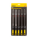 A 5-piece engineer's file set is displayed in packaging. The set includes flat, half-round, triangular, square, and round files with black and yellow handles.