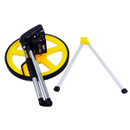 A yellow measuring wheel with black handle, silver telescopic rods, and a folded stand, on a white background, conveying a sense of precision and functionality.