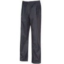 Black waterproof trousers with an elastic waistband and zippered side pockets, designed for outdoor activities, conveying functionality and simplicity.