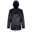 A shiny navy hooded windbreaker jacket is displayed against a plain white background, emphasizing its sleek, weather-resistant material and relaxed fit.