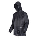 Navy hooded rain jacket displayed against a white background. The jacket features a shiny, waterproof material with adjustable drawstrings.