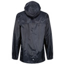 Navy hooded rain jacket with a shiny finish, viewed from the back. The lightweight fabric suggests waterproof material, conveying practicality.