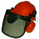 Forestry safety helmet with protective mesh face visor and integrated ear defenders for chainsaw and garden machinery use.