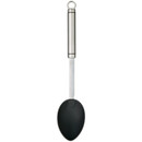 Black non-stick cooking spoon with a solid oval-shaped head, long stainless steel handle and hanging loop, displayed vertically against a white background.