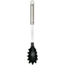 Black spaghetti serving spoon with a toothed, perforated head, long stainless steel handle and hanging loop, displayed vertically against a white background.