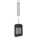 Black non-stick slotted turner with a wide rectangular head featuring four vertical drainage slots, a long stainless steel handle and hanging loop, displayed vertically against a white background.