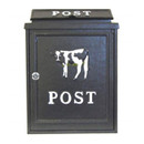 Black cast aluminium wall-mounted post box with white POST lettering, decorative cow design and lockable front door.